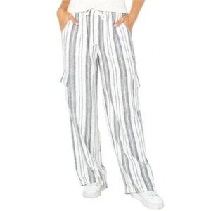 NEW Roxy Women's XS Linen Cargo Pants Black & White Striped 30" Inseam